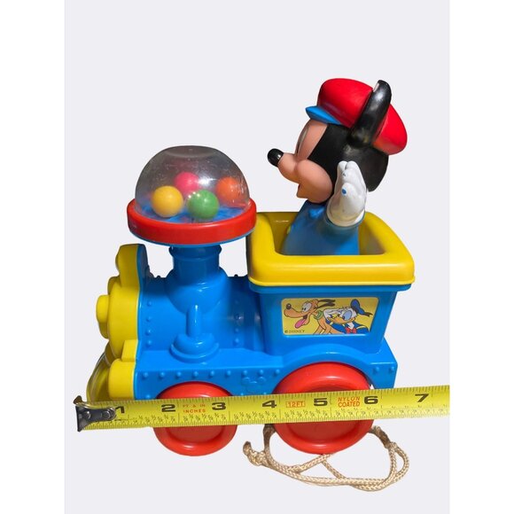 Disney Mickey Mouse Train Pull Toy Vintage Blue yellow Red Pop Balls Corn Popper - Picture 7 of 10